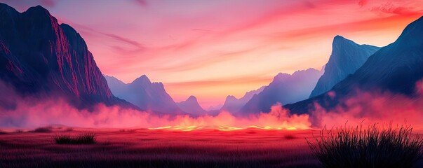 Volcanic landscapes idea. A vibrant sunset over mountains surrounded by ethereal mist and glowing landscapes.