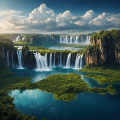 Obraz premium A breathtaking celestial landscape with floating islands and waterfalls suspended in the sky.