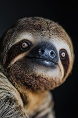 Fototapeta premium A sloth with a broad smile, showing teeth and creating a close-up image with soft focus on the face.