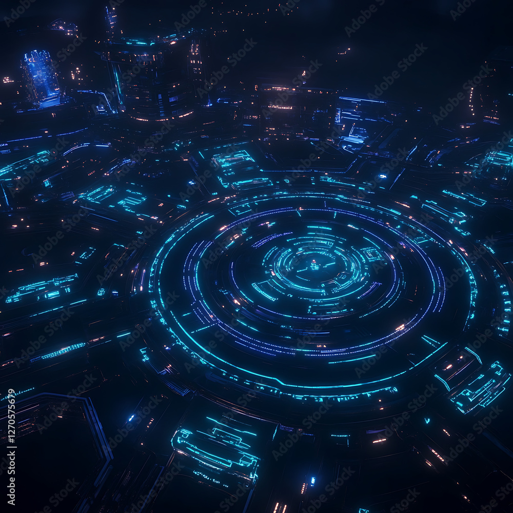 Poster cybernetic cityscape with glowing concentric circuits abstract futuristic neon illuminated view