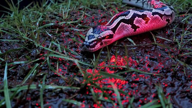 Low-angle video shot of a colorful snake on wet grass, illuminated by red light, creating a dramatic and mysterious atmosphere.