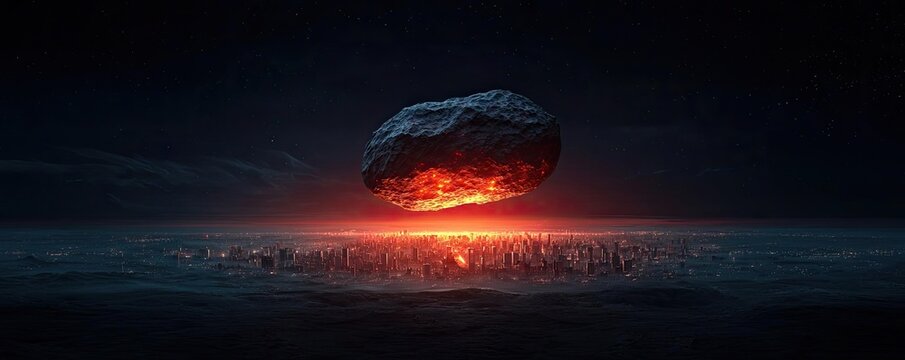 Asteroid impact concept. An ominous rock hovers over a glowing landscape, symbolizing an impending event.