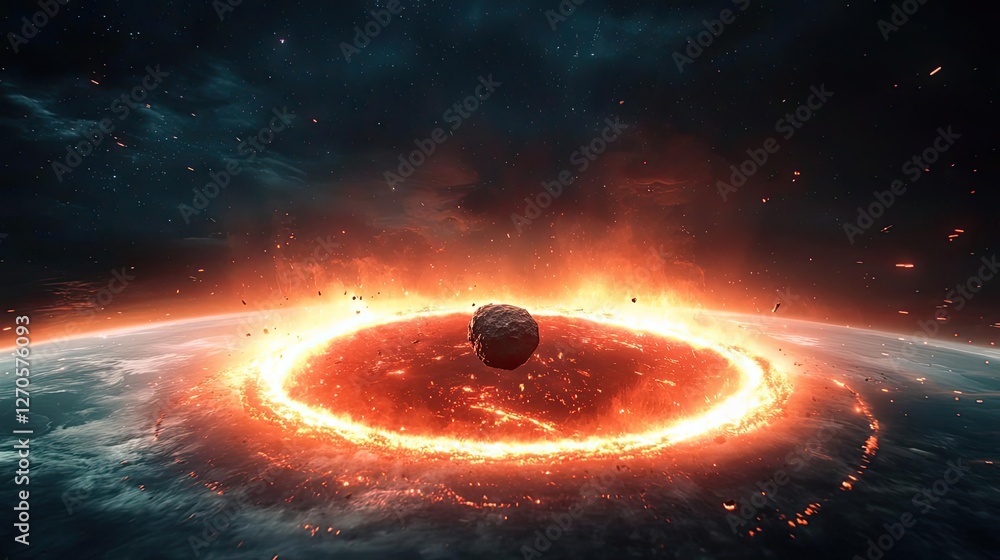 Poster asteroid impact idea. a stunning depiction of a celestial event with fiery elements surrounding a pl