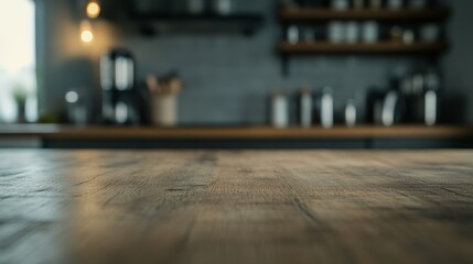 Obraz premium Wooden countertop is free of clutter, highlighted by soft-focus kitchen shelves and utensils in the background, creating an inviting and functional cooking space