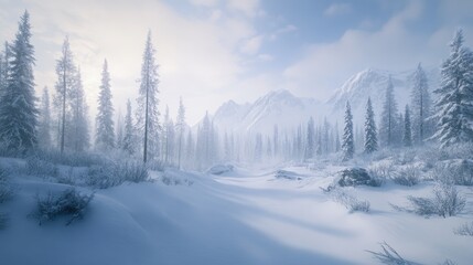 Obraz premium Snow-covered pine trees in winter landscape.