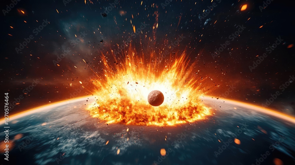 Poster asteroid impact concept. catastrophic planetary collision creating a fiery explosion in space.