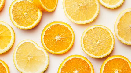 Fototapeta premium Citrus Burst: A vibrant assortment of sliced oranges and lemons, arranged to capture the fresh, juicy appeal of a healthy snack or ingredient.