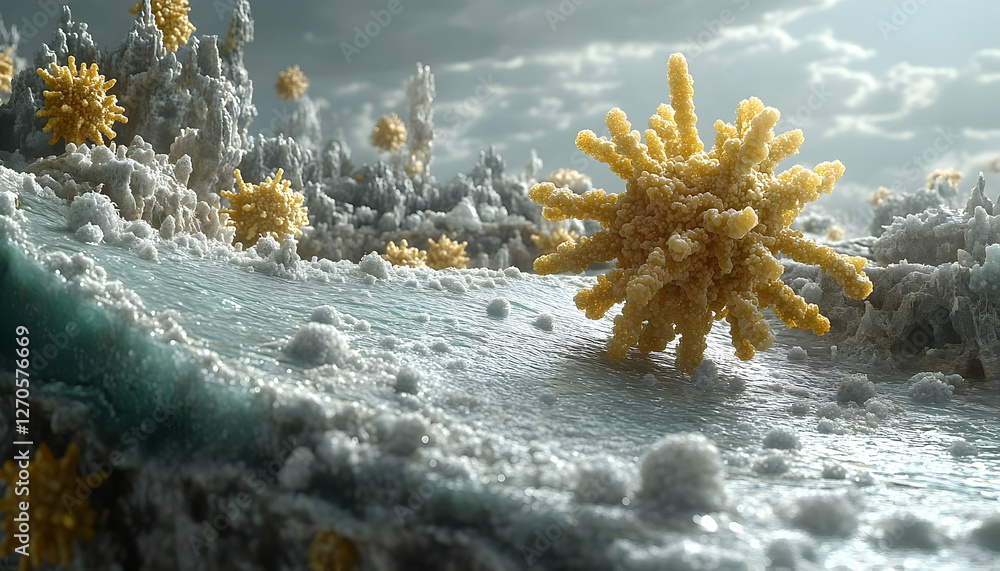Poster microscopic aquatic landscape with intricate cellular structures and subtle light