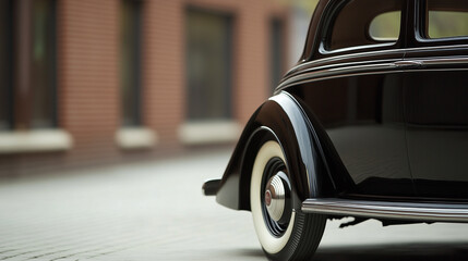 Fototapeta premium Classic Ride on City Street: A gleaming black vintage car, a symbol of timeless elegance, parked gracefully on a brick-lined city street, evoking nostalgia and style.