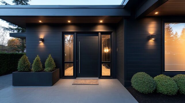 Front-facing view of a sleek farmhouse entrance featuring a minimalist door, lush planters, and soft glowing lights, creating a welcoming twilight atmosphere