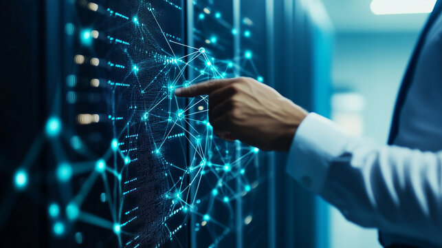 Data Network Interface: A professional's hand interacting with a futuristic data network interface, representing technological advancement and data management. 