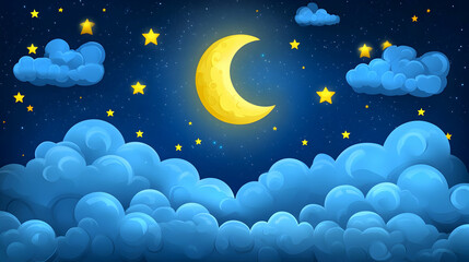 Night sky, crescent moon, stars, clouds; dreamy background
