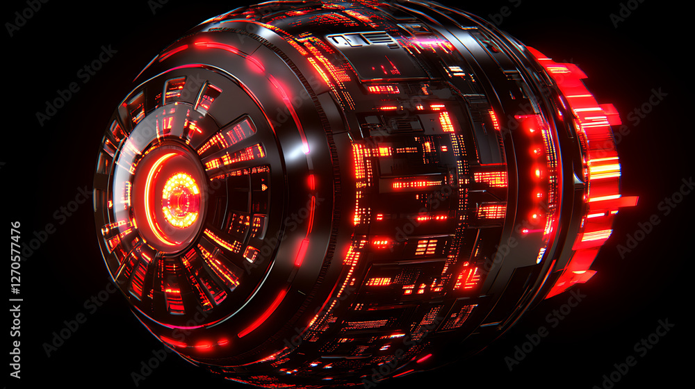 Poster cybernetic sphere core with intricate circuitry and glowing red lights technology visual artwork