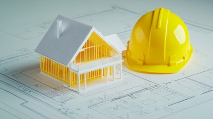 Blueprint Of A New House Project And A Yellow Safety Helmet. Concept For Architecture Or Engineering.