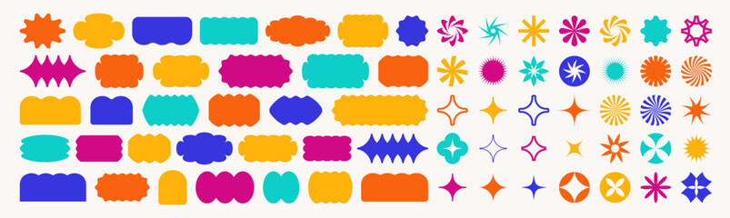 Minimal brutalist shape stickers. Vector geometric star shaped icons. Circles and rectangles with wavy zigzag edges. Abstract minimalist flowers and stars. Retro groovy sun burst frames