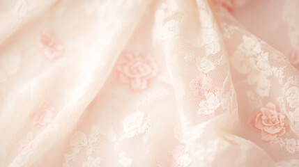 Delicate Romance: A close-up showcases the intricate folds of a sheer fabric, adorned with delicate lace details and subtle, embroidered floral accents.