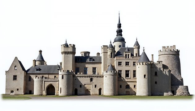Majestic Stone Castle Detailed Photorealistic Illustration Against White Background