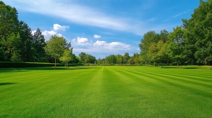 Lush green park landscape with perfectly manicured grass and scattered trees under a blue sky