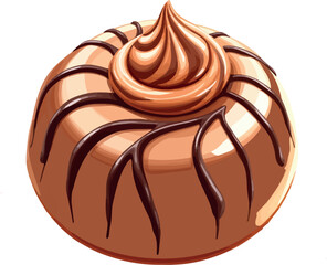 Delicious round chocolate candy with swirls and creamy topping isolated on white