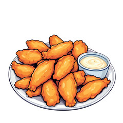 Delicious crispy chicken wings with dipping sauce on white plate