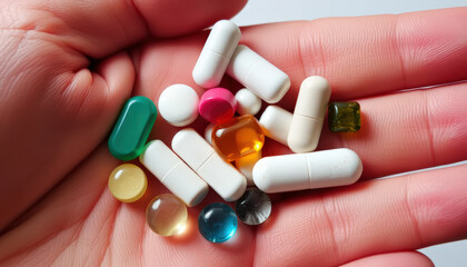 Pills of different shapes and colors held in hand. Drug abuse concept. 