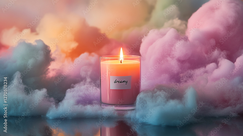 Poster soft candlelight glows amidst colorful clouds in a tranquil setting at dusk