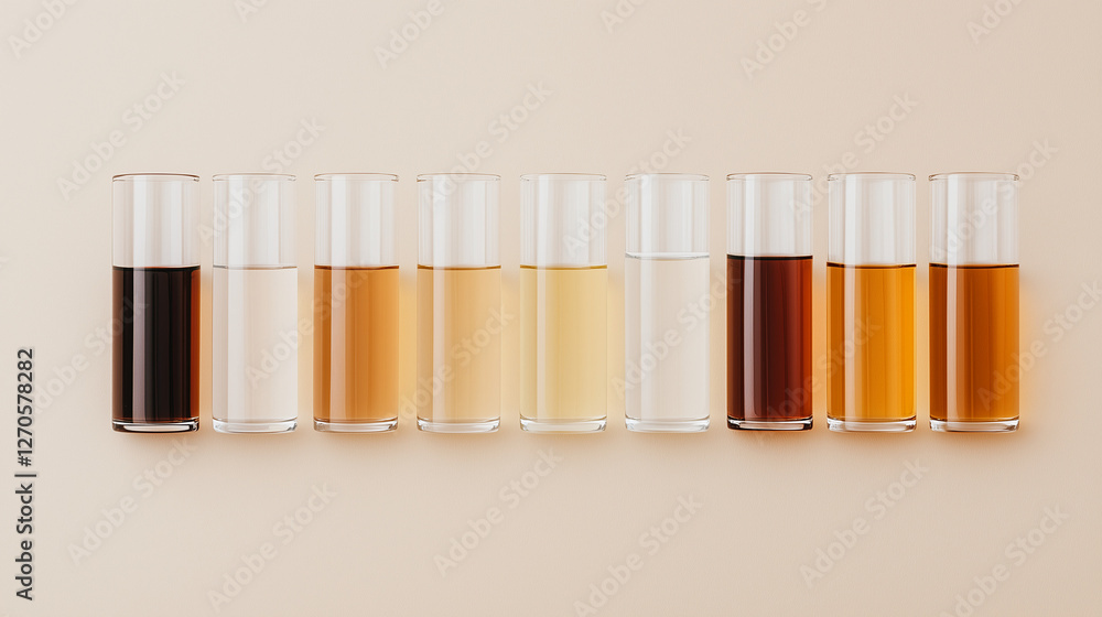 Poster chromatic alchemy: a meticulously arranged array of glass vials showcases a captivating gradient of 