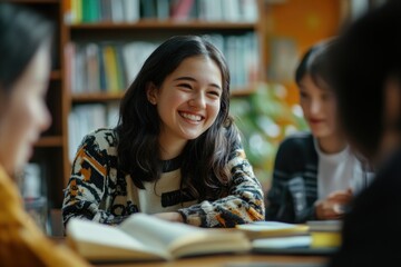 Friendly gathering, reading, books, study, joyful smile, indoor setting