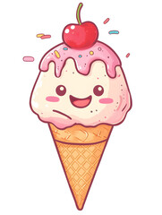 Cute Kawaii Ice Cream Cone with Smiling Face, Pink Frosting, Sprinkles, and Cherry on Top Cartoon Illustration