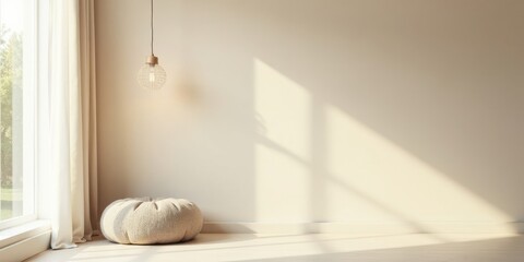 Serene Minimalist Interior Scene Soft Light Illuminates a Room Featuring a Plush Pouf, Sheer Curtains, and a Simple Pendant Lamp, Creating a Calm and Peaceful Atmosphere
