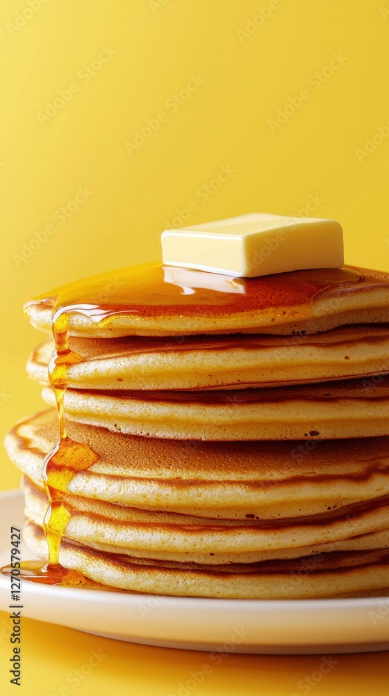 Poster stack of pancakes with butter and syrup. ai.