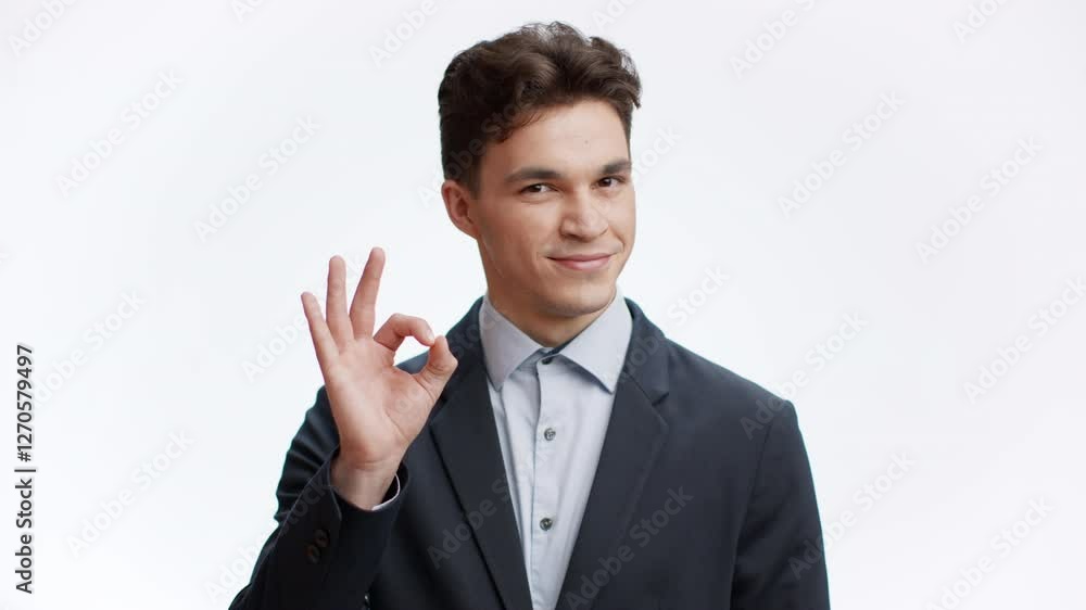 Poster A cheerful Middle Eastern man stands in front of a neutral backdrop, confidently displaying the OK hand gesture. His expression conveys positivity and assurance, emanating a friendly lifestyle vibe.