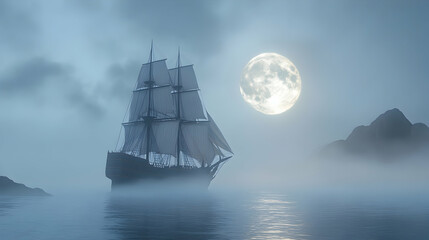 A majestic ship sailing through misty waters under a glowing full moon, its billowing sails catching the silver light, evoking a mysterious, timeless journey across the vast, open sea