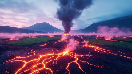 Volcanic landscapes idea. A stunning view of an erupting volcano with flowing lava and dark smoke clouds.