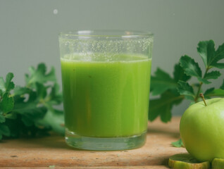 Refreshing green apple juice with fresh mint and aromatic herbs