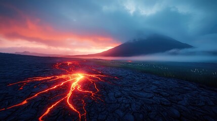 Volcanic landscapes idea. A scenic view of lava flows at sunset, with a dramatic sky and distant mountain silhouette.