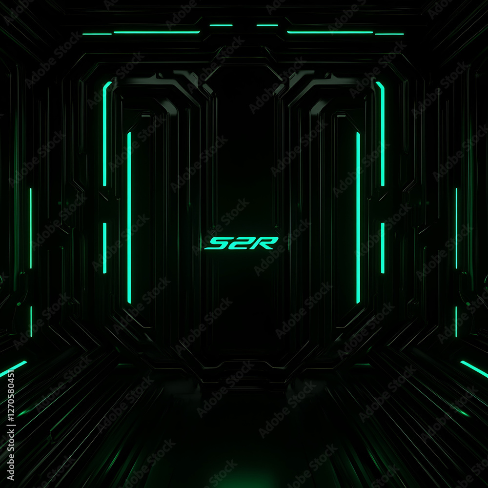 Aufkleber dark futuristic corridor with s2r logo illuminating the path in a sci fi tunnel like structure