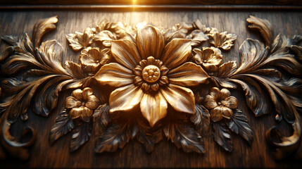intricate wooden carvings with swirling, detailed patterns illuminated by warm, golden light, showcasing fine craftsmanship, symbolizing artistry, tradition, and precision