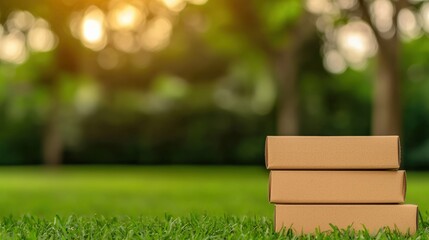 Stack of cardboard boxes on grass in a sunny setting.