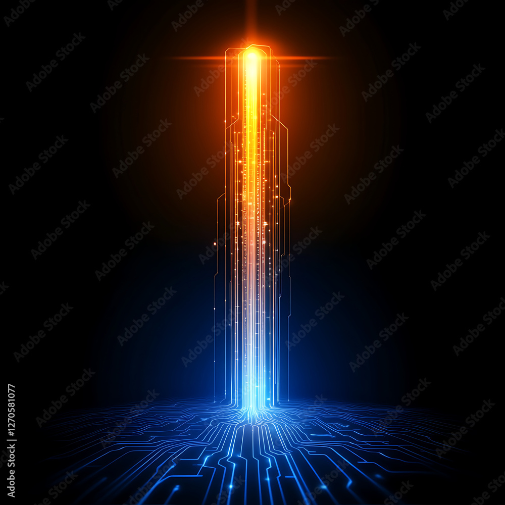 Poster data stream flowing through computer circuit board with blue and orange glowing signals