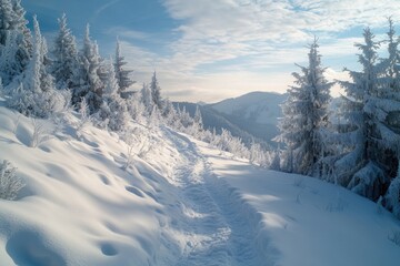 Obraz premium Trail in a wintery woodland with snow-covered pine trees. A serene, scenic hiking trail through the mountain forest.