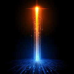 Data Stream Flowing Through Computer Circuit Board with Blue and Orange Glowing Signals