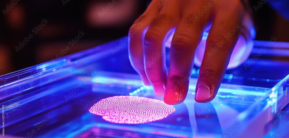 Poster fingerprint verification under ultraviolet light, highlighting secure identification technologies.