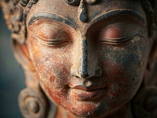 Wooden statue with closed eyes, showcasing peaceful expression.