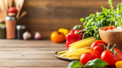 Fresh ingredients including pasta, tomatoes, peppers, and herbs on a wooden table in a cozy kitchen