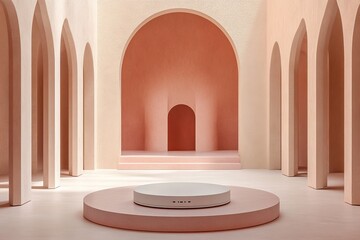 Obraz premium Pink arches, platform, serene space; product display