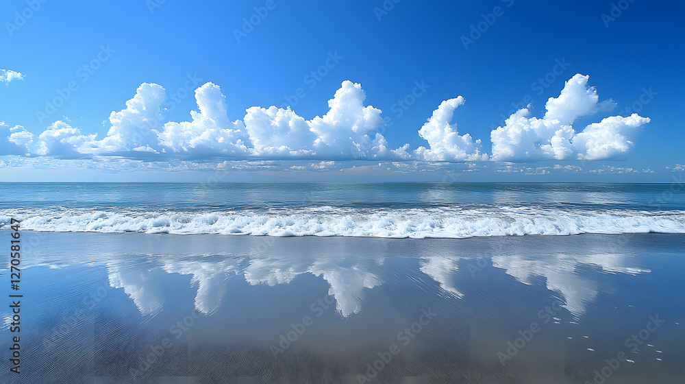 Poster a serene beach scene with soft waves lapping against the shore under a bright blue sky adorned with 