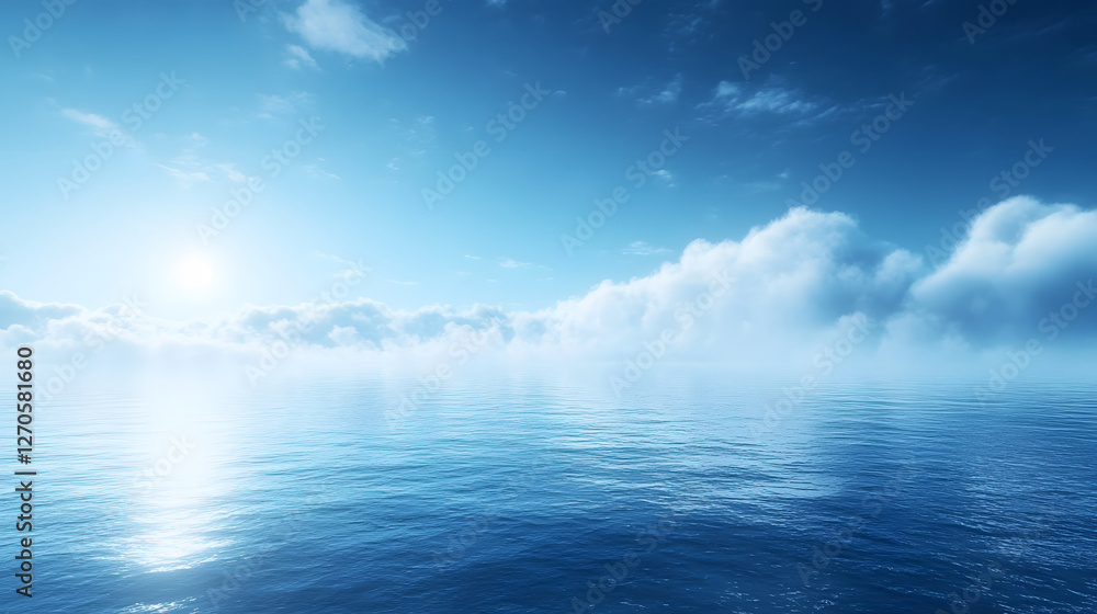 Poster a serene ocean view with a bright sky and gentle clouds, reflecting calm waters and a peaceful atmos