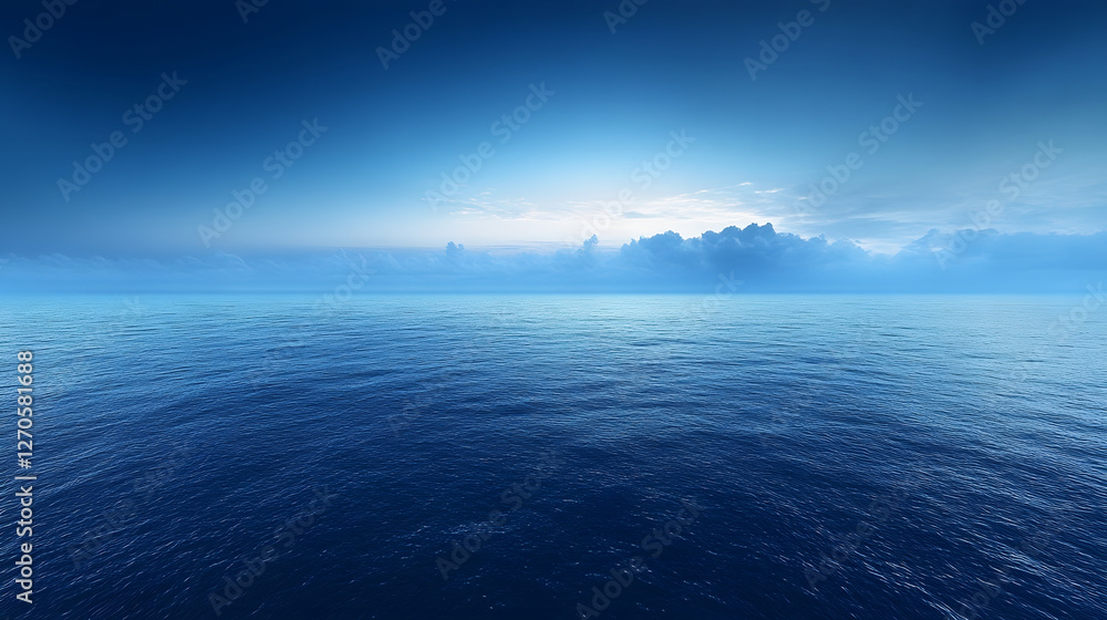 Poster a serene ocean view at dawn, showcasing a gradient of blues with gentle waves and a cloudy horizon, 