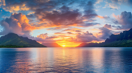 Vibrant sunset over calm tropical bay, mountains backdrop, travel poster